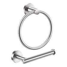 Image of 2Pcs Stainless Steel Toilet Roll Holder Towel Ring Set Bathroom Wall Mounted