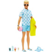 Image of Barbie Blonde Ken Beach Doll with Blue Button Down and Swim Trunks Visor Towel