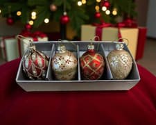 Image of Set of 4 Heirloom Red & Gold Christmas Baubles – Small Hanging Tree Decorations