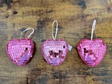 Image of 3 Pink "Disco" Mirror Heart Ornaments, Ribbon hanger, 3" Tall, NWT