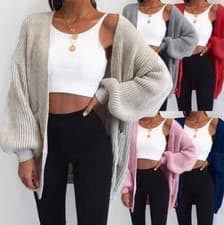 Image of Women Chunky Knitted Oversize Cardigan Ladies Balloon Sleeve Long Short Cardigan