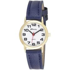 Image of Ravel Womens Bold BIG NUMBERS Ladies Watch With Gold Casing Navy Blue  Strap