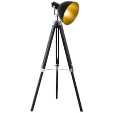 Image of Tripod Floor Lamp Solid Pine Metal Gold Effect 65x65x152cm Black Shade E27 Bulb