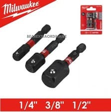 Image of Milwaukee x3 Socket Adaptors Set x3 Impact Driver Shockwave 1/4" 3/8" 1/2" SQ