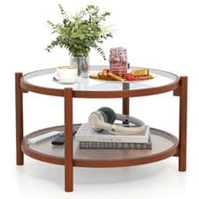 Image of COSTWAY 78cm Round Coffee Table Solid Wood Circle Table w/Tempered Glass Top