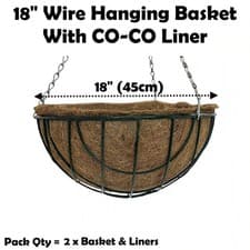 Image of 18" Wire Hanging Basket + Coco Liner 45cm Round Baskets Metal Green | x 2