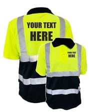 Image of CUSTOM PRINTED YELLOW & NAVY HI VIS VIZ POLO SHIRT SAFETY WORKWEAR TOP,