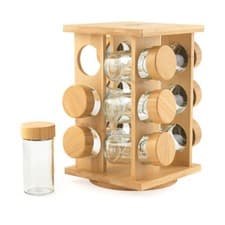 Image of Salter Rotating Spice Rack – 12 Glass Jars, Bamboo Base, Labels, Compact Design