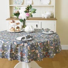 Image of William Morris Blue Strawberry Thief 147cm Round Floral Cotton TableclothUK Made