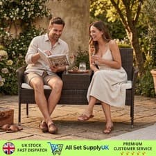 Image of 2 Seater Rattan Garden Bench Love Seat with Table & Padded Cushions Steel Frame
