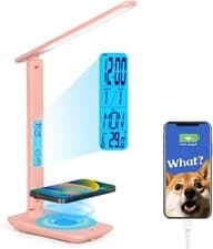 Image of LED Desk Lamp with Wireless Charger Clock USB Dimmable Pin