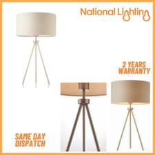 Image of Tripod LED Desk Lamp Matt Nickel Bedside Table Lamp with Grey Faux Linen Shade