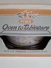 Image of Vintage Pyrex England Blue Iris Casserole Dish 3 Piece Set New In Box *Pls Read*