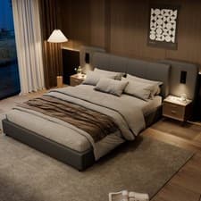 Image of Double Bed Frame with Grey Upholstered Headboard 4ft6 Bed Frame with LED Light