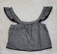 Image of NWT Cottagecore 100% Linen Black White Gingham Ruffle Cropped Blouse L Country