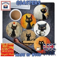 Image of Black Cat Wooden Coasters Set of 6 Round Drinks Mats