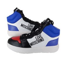 Image of Love Moschino Women's Size UK 7 Bold Mix White Blue Red Hi Top Trainers NWOB