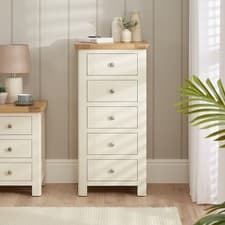 Image of Chest of Drawers 5 Drawer Tallboy Narrow Oak Top Marbury Cream Painted Furniture