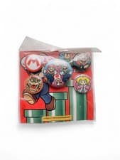 Image of Super Mario button badges, rare, collectible, unused in original packaging
