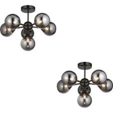 Image of 2 PACK Black Chrome Semi Flush Low Ceiling Light - Smoked Mirror Multi Arm Glass