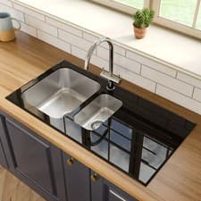 Image of 1.5 Bowl Kitchen Sink with Black Glass Surround and Right Hand Drainer Black