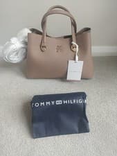 Image of Tommy Hilfiger Women TH Emblem Small Oat Milk Satchel Shoulder Bag Mid-Size New