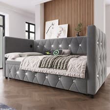 Image of Daybed Velvet Sofabed 3ft Single Sofa Bed With Pull Out Trundle Guest Bed Grey