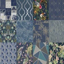 Image of Midnight Blue/Navy Geometric-Trellis-Tropical Animals-Metallic Wallpaper