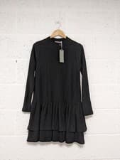 Image of Mint Velvet Crinkle Jersey Tiered Mini Dress Long Sleeve Black Size M - New