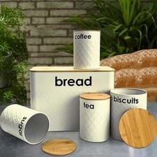 Image of 5pc Cream Kitchen Storage Tins Bread Bin Canister Set with Airtight Bamboo Lid