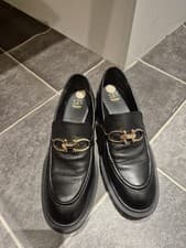 Image of Dune Black Leather Loafers with Gold Bar – Women’s Size 39 (UK 6)