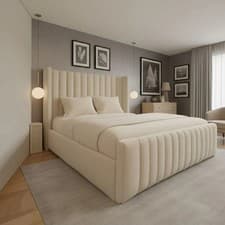 Image of Winged Panel Bed Frame Plush Velvet Upholstered Ottoman Gas Lift Storage Double