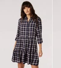 Image of Apricot Check Print Tiered Shirt Mini Dress Navy Size 16