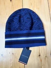 Image of Tommy Hilfiger TH Logo Monogram AOP Blue Turn Up Beanie One Size Brand New