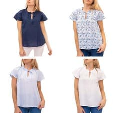 Image of M&S Womens Blouse Top Tie Frill Neck Cap Sleeve Cotton Blue White Navy Floral
