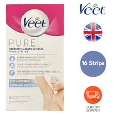 Image of Veet Pure Wax Strips Underarm Sensitive Skin 3x Finish Wipes 16 Stripes