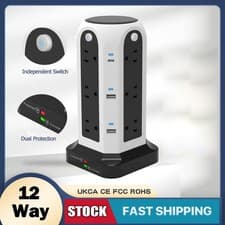 Image of Extension 12 Way Tower Power Lead USB Multi Socket Surge Protected UK PLUG