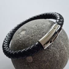 Image of Fred Bennett bracelet leather woven black stainless steel clip clasp 20cm wrist