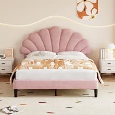 Image of Double Bed Velvet Fabric Upholstered Platform Bed Frame with Headboard Pink 4FT6