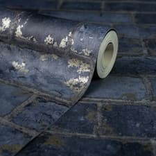 Image of Dark Navy Midnight Blue Metallic Brick Stone Feature Rustic Wallpaper 3D Roll
