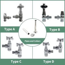 Image of Traditional Thermostatic Manual Angled Radiator Valves Pipes and Collars Brass