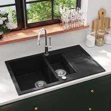 Image of Black Granite Double Kitchen Sink 2 Bowl Reversible Drainer Modern Basin