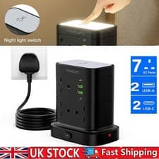 Image of 7 Way Tower Extension Lead With 4 USB Surge Protected UK Plug Socket 2Meters