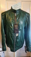 Image of Mens Large Gasoline Green Genuine Leather Jacket, Pit To Pit 21.5" New With Tags
