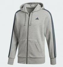 Image of ADIDAS ESS 3 STRIPE FULL ZIP HOODIE MENS GREY, 100% Authentic, New
