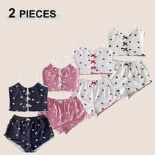 Image of Women Pyjama Set Heart Print Cami Top Shorts Lounge Sleepwear Soft Stretch Summe