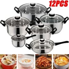 Image of 12PCS Induction Non Stick Stainless Steel Cookware Cooking Pot Pan With Lids Set