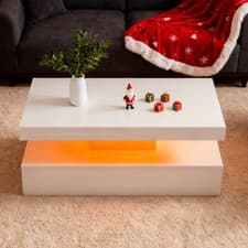 Image of White Coffee Table LED Rectangular Side End Table for Living Room Furniture