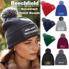 Image of Personalised BEECHFIELD Adult Beanie Snowstar Patch Hat Text Logo Pom Pom Unisex