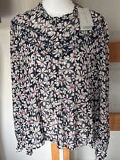 Image of Mint Velvet Navy Floral Print Blouse Shirt Ruffle Neck NWT Sheer L/S Large